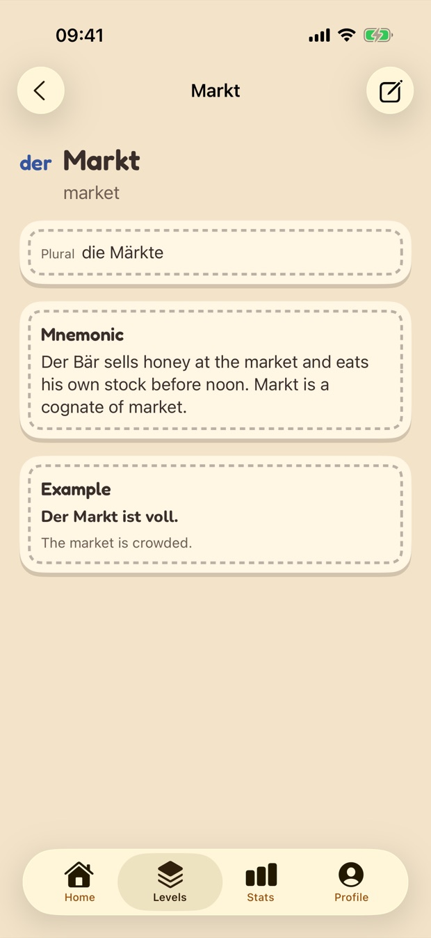 Word detail for Markt with a mnemonic and example sentence